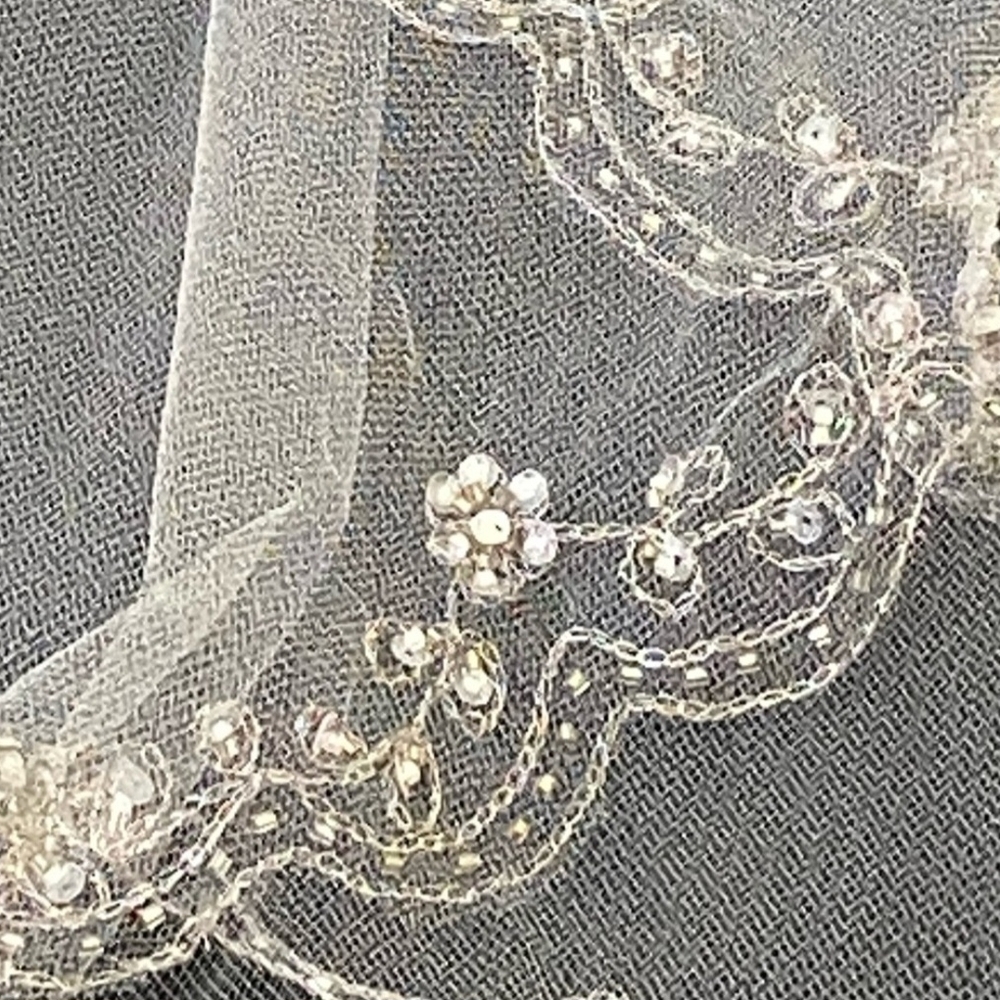 David's Bridal Elegant White Veil with Beaded Trim - Picture 2 of 5